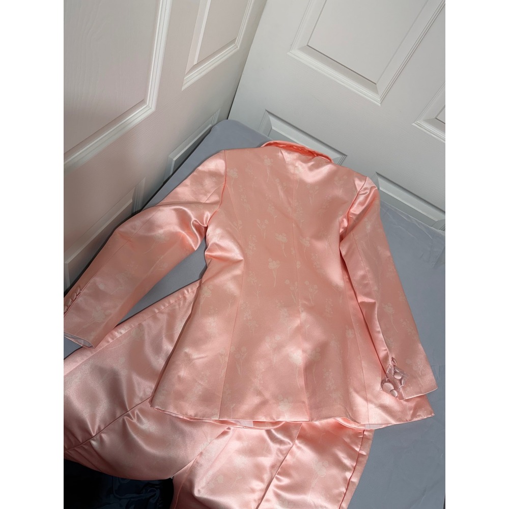 TS Couture Peach Pink Satin Floral Jacquard 2 Piece Pant Suit Set Womens 10 NEW - Picture 10 of 16